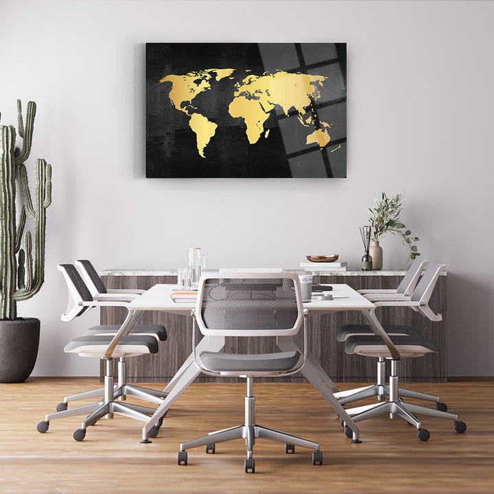 Gold Dünya Haritası Cam Tablo