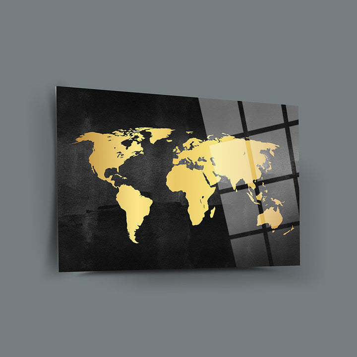 Gold Dünya Haritası Cam Tablo