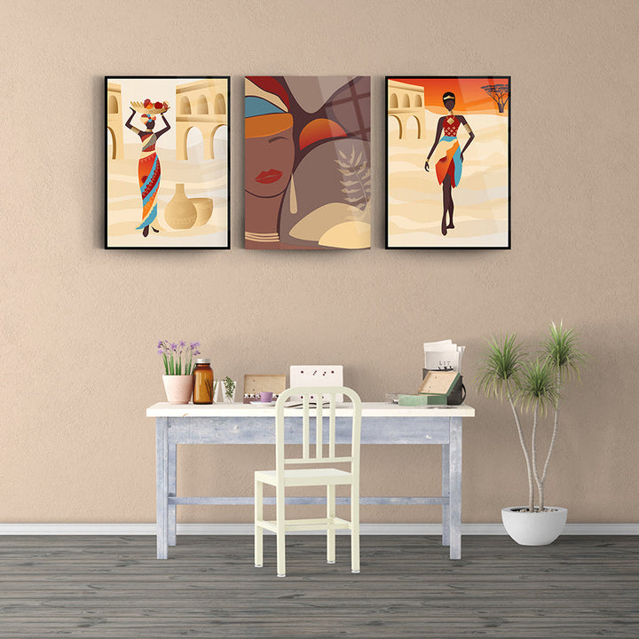 Afrikalı Kadın-1 3'lü Set Cam Tablo